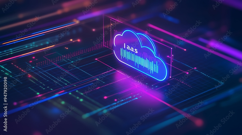 Poster neon cloud saas representation, futuristic digital environment, data-driven technology, cloud comput