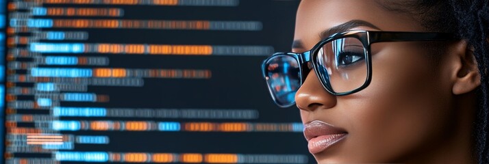 Focused African American Woman Programming on Computer Lines of Code Reflecting in Glasses