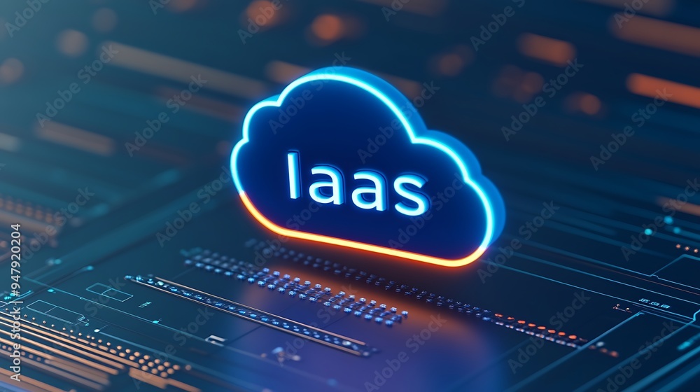 Poster neon cloud symbol with 'iaas' text representing infrastructure as a service on a futuristic circuit 