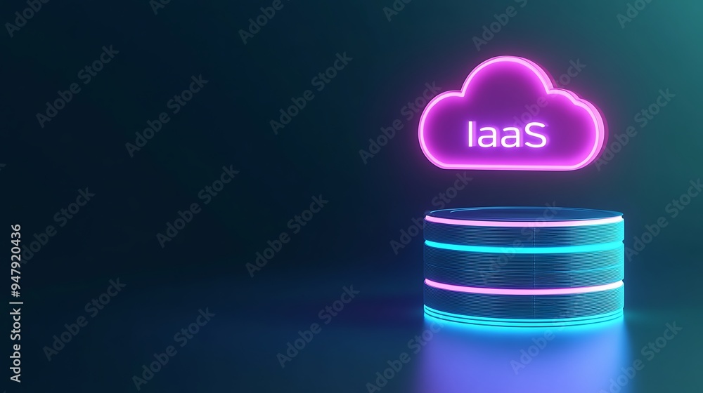 Poster neon cloud symbolizing iaas (infrastructure as a service) over illuminated disk, showcasing modern c