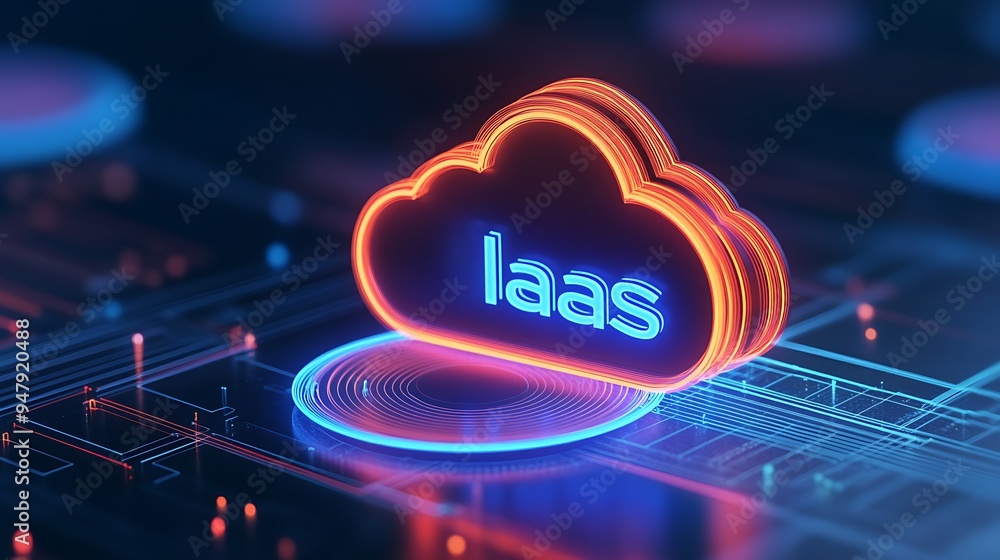 Poster neon cloud symbolizing iaas technology on a digital grid background, representing cloud computing in