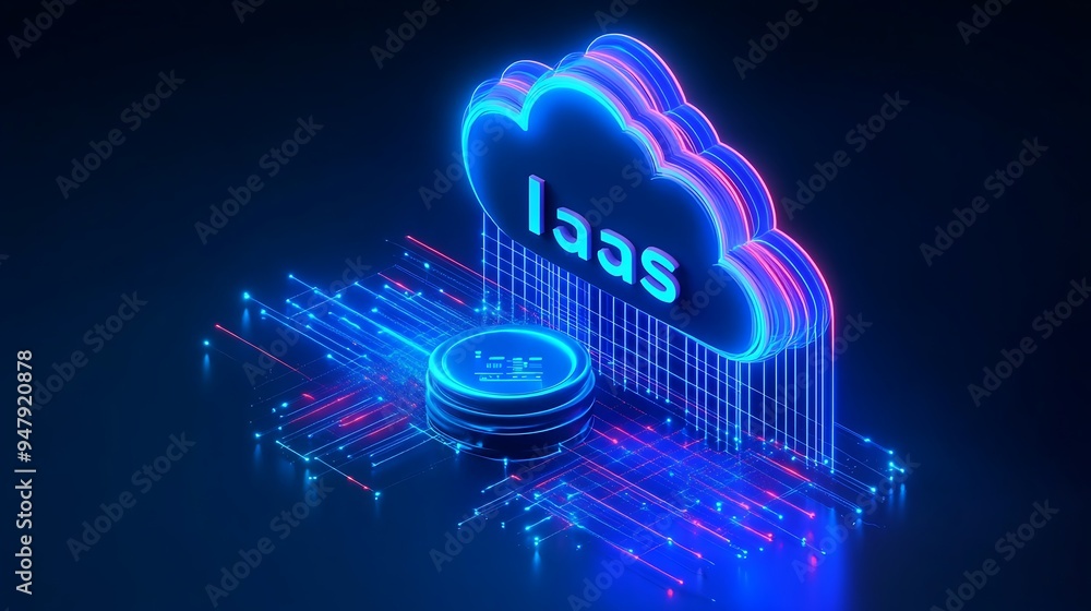 Poster neon illustration of iaas cloud computing concept with a database icon, representing infrastructure 