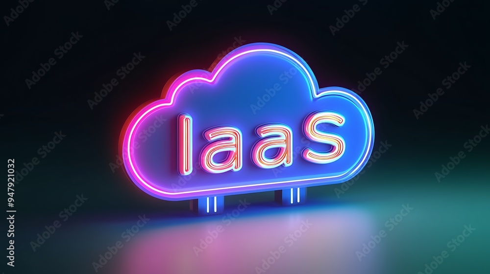 Poster neon sign of iaas in a cloud shape, representing infrastructure as a service in cloud computing. mod