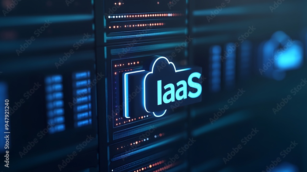 Poster server room with glowing iaas text representing cloud computing infrastructure as a service technolo