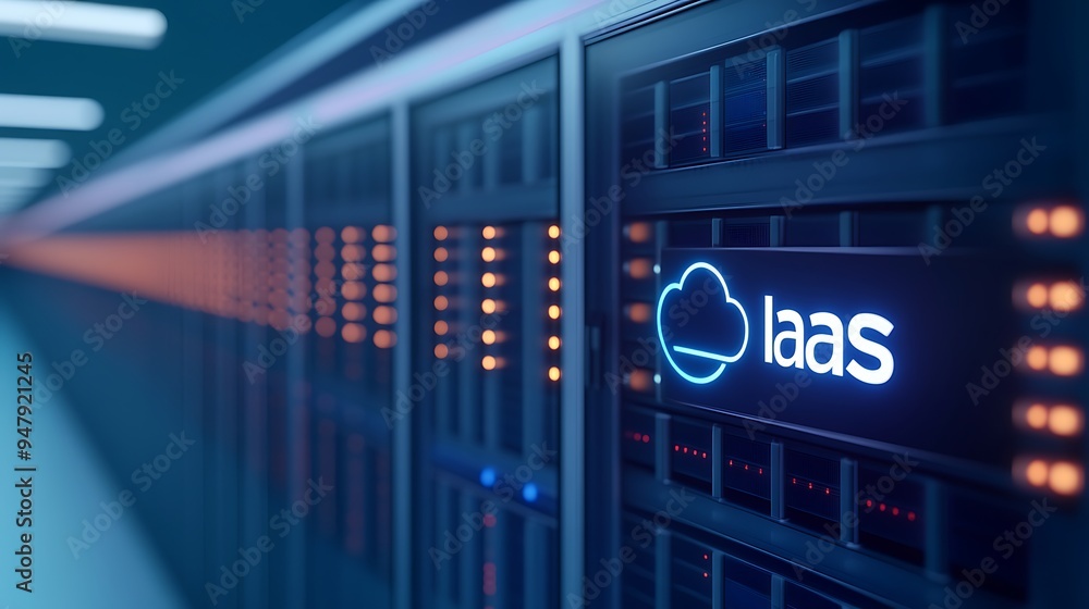 Poster server room with illuminated iaas sign, highlighting modern cloud computing infrastructure and techn