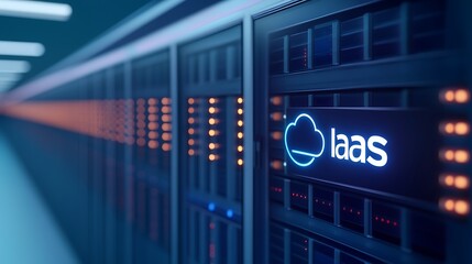Fototapeta premium Server room with illuminated IaaS sign, highlighting modern cloud computing infrastructure and technology.