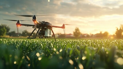 Naklejka premium A detailed shot of a drone equipped with spraying equipment, hovering over a green field, ready to apply pesticides.