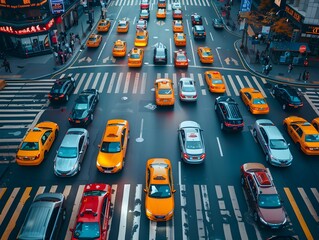 Busy intersection filled with yellow taxis and cars during a vibrant evening in an urban city...