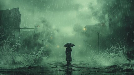 Obraz premium Surreal artwork of a man with an umbrella on a stormy day