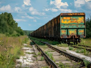 Obraz premium Abandoned freight train cars resting on overgrown tracks under a blue sky near a forested area in the countryside