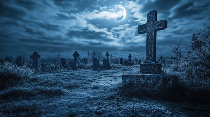 Creepy graveyard under moonlit sky