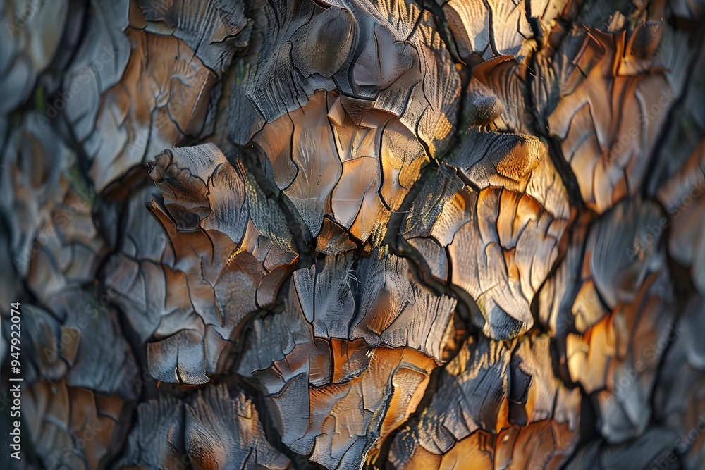 Poster intricate patterns of tree bark illuminated by soft light