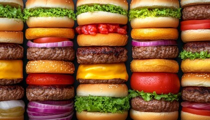 Close-up, Various Delicious Burgers Stacked High, Showcasing Layers of Fresh Ingredients