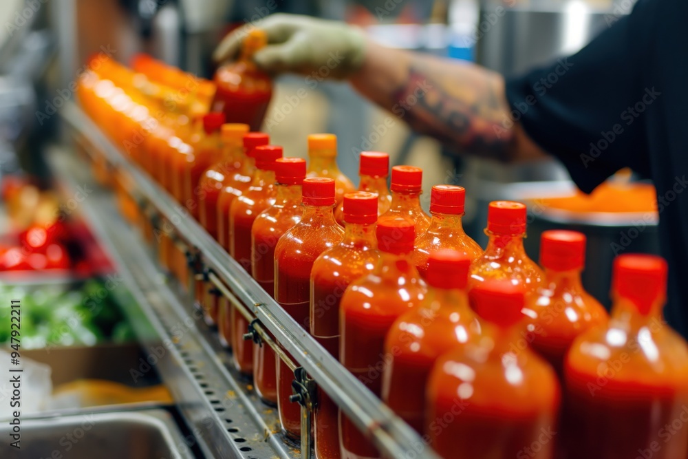 Poster factory worker is putting red lids on bottles of hot sauce traveling down an assembly line