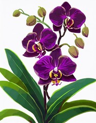 Watercolor illustration of a bouquet of purple Phalaenopsis orchids. There are both buds and flowers on a white background.