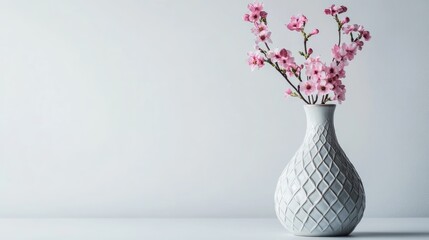 Beautiful pottery vase with a mesmerizing pattern and flowers, elegantly displayed in a luxury room with a white background