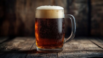 Mug of cold beer with foam resting on rustic wooden table