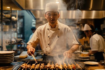 Professional chef focused on grilling yakitori skewers on a smoky grill in a busy restaurant kitchen