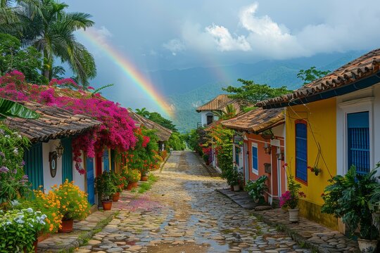 Charming street in Paraty with colorful houses and a rainbow backdrop