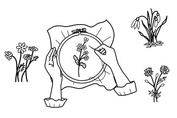 Needlework, embroidery set. Female Hands embroidering on a hoop Flowers, spring and summer Floral Elements isolated on a white background. Vector illustration in doodle style. Hand drawn Vintage © Tatiana