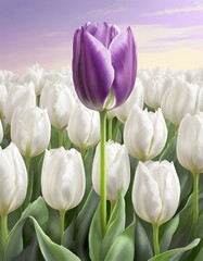 The illustration of purple tulips amidst a field of white tulips and green leaves looks bright.