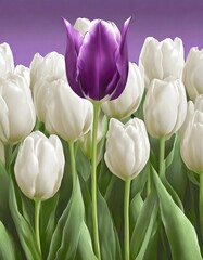 The illustration of purple tulips amidst a field of white tulips and green leaves looks bright.