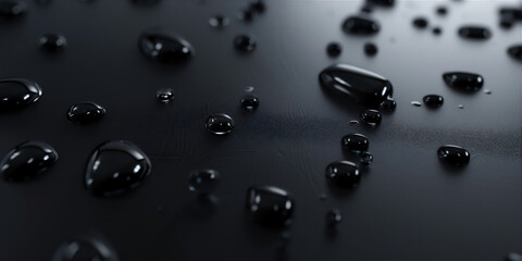 Droplets of water on black surface in close up, version 1
