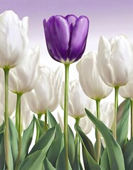 The illustration of purple tulips amidst a field of white tulips and green leaves looks bright.