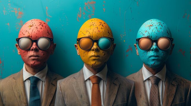 Colorful egghead employees in suits with unique cracked patterns