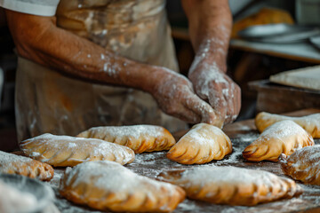 Baker shaping traditional argentinian empanadas filled with meat, flouring them before cooking