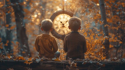 Obraz premium Two boys sitting on a bench watching an autumn clock scene