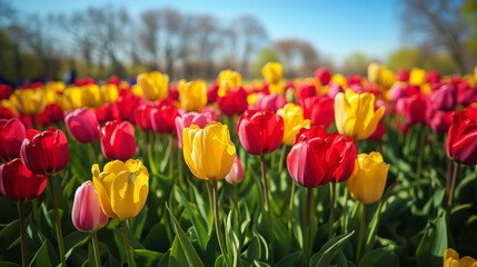 Fototapeta premium A vibrant meadow filled with colorful tulips in full bloom, creating a sea of red, yellow, and pink.
