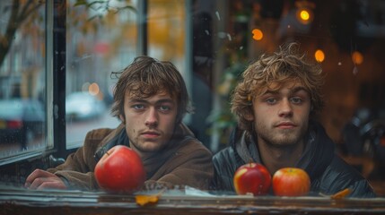 Fototapeta premium Two young men curiously watching through a window with autumn scenery