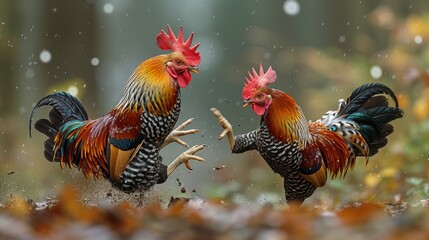 Two roosters fighting in mid-air with vibrant plumage and autumn setting