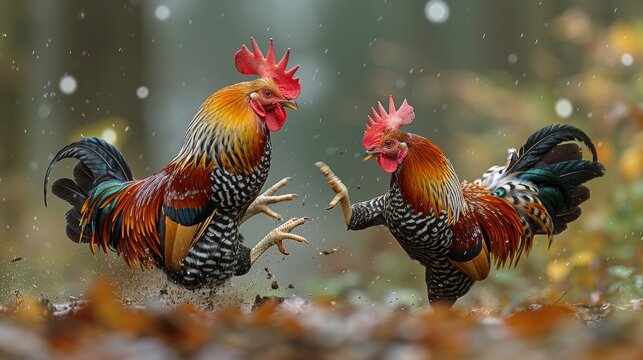Two roosters fighting in mid-air with vibrant plumage and autumn setting