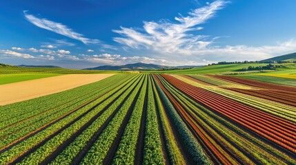 A patchwork of colorful vegetable fields seen from above, with neat rows of crops and a stunning blue sky overhead.