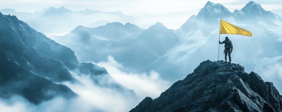 Hiker celebrating reaching mountain peak with yellow flag