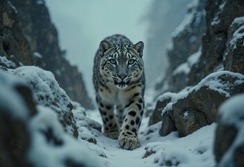 Fototapeta premium Majestic Snow Leopard Prowling Through Frosty Mountain Terrain: A Rare Glimpse of Elusive Beauty