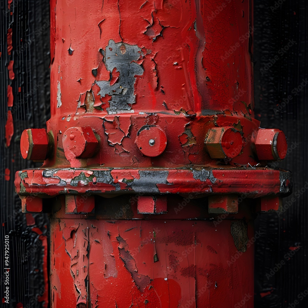 Poster close-up of a weathered red pipe with rust and peeling paint