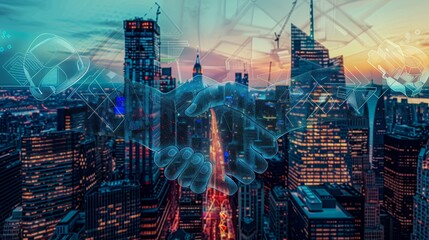 Collaborative Construction Silhouette Handshake Amidst Skyscraper Progress with Digital Tool Overlays Building Industry Partnerships