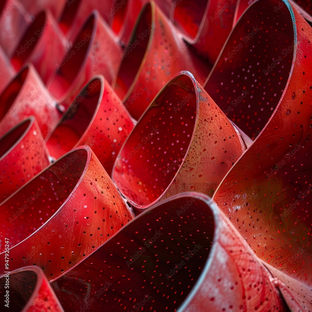 Poster vibrant red curves: an artistic display of textured containers