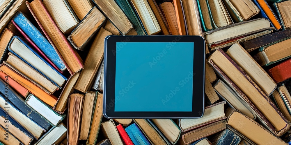 Poster a close-up image showcasing digital learning tools like e-readers and tablets, surrounded by a multi