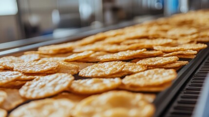 Conveyor Belt with Salty Snack Crackers in a Food Production Facility