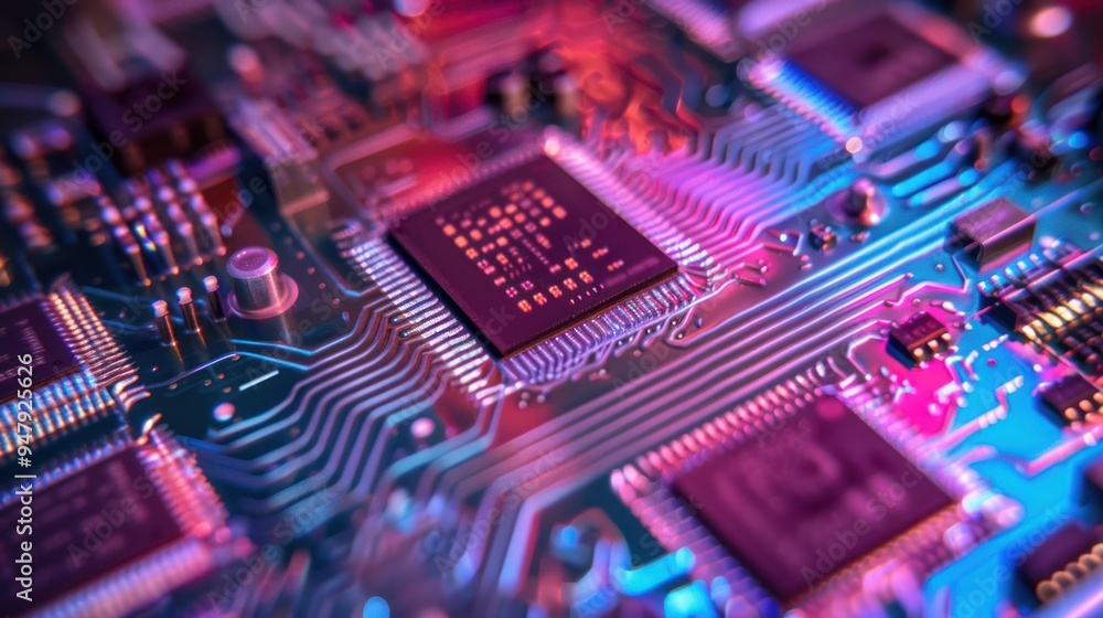 Poster close-up of a microchip on a circuit board
