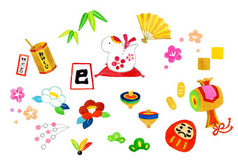 2025年・令和7年　手描き水彩イラストのかわいい巳年年賀状素材集　正月モチーフのセット