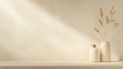 Elegant composition of neutral vases with dried plants, emphasizing simplicity and tranquility in a serene indoor setting.