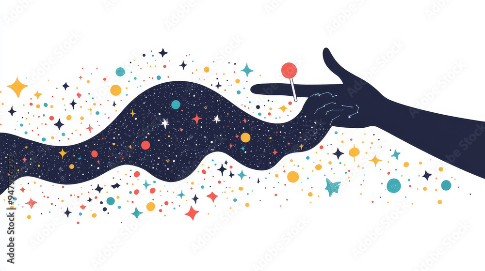 Poster abstract network of lines and dots forming a hand holding a pin on a white backdrop with text. the i