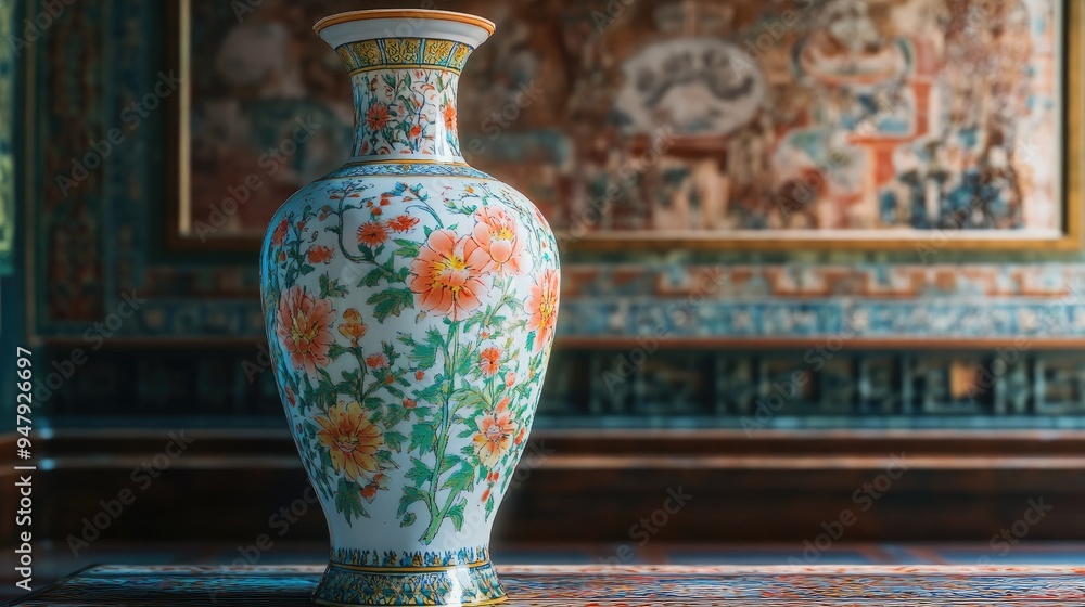 Poster big pottery vase with mesmerizing patterns, filled with flowers, set in a luxurious room with a real