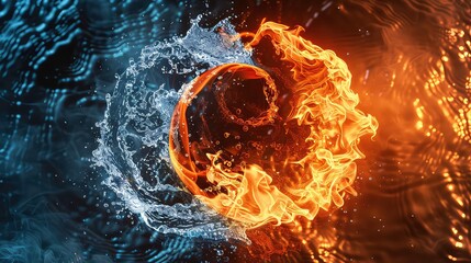 An abstract image featuring a circular design of water and fire, creating a vibrant and dynamic visual representation of contrasting elements.