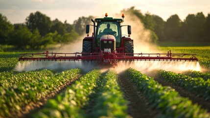 Obraz premium Close-up of pesticide spraying from a tractor, with a detailed view of the spray pattern and the crops being treated.